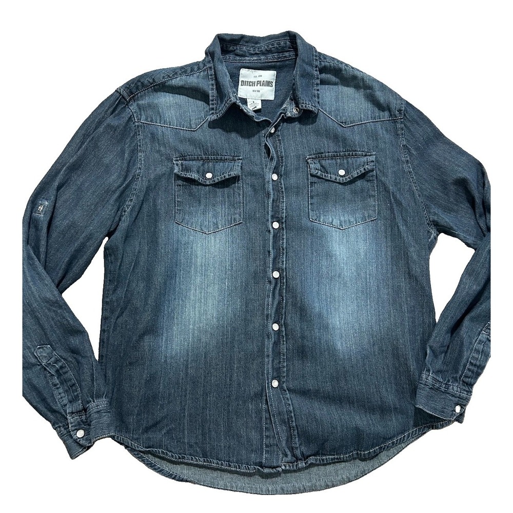 Ditch Plains Men's L Western Denim Shirt Pearl Snap Distressed Faded Cowboy